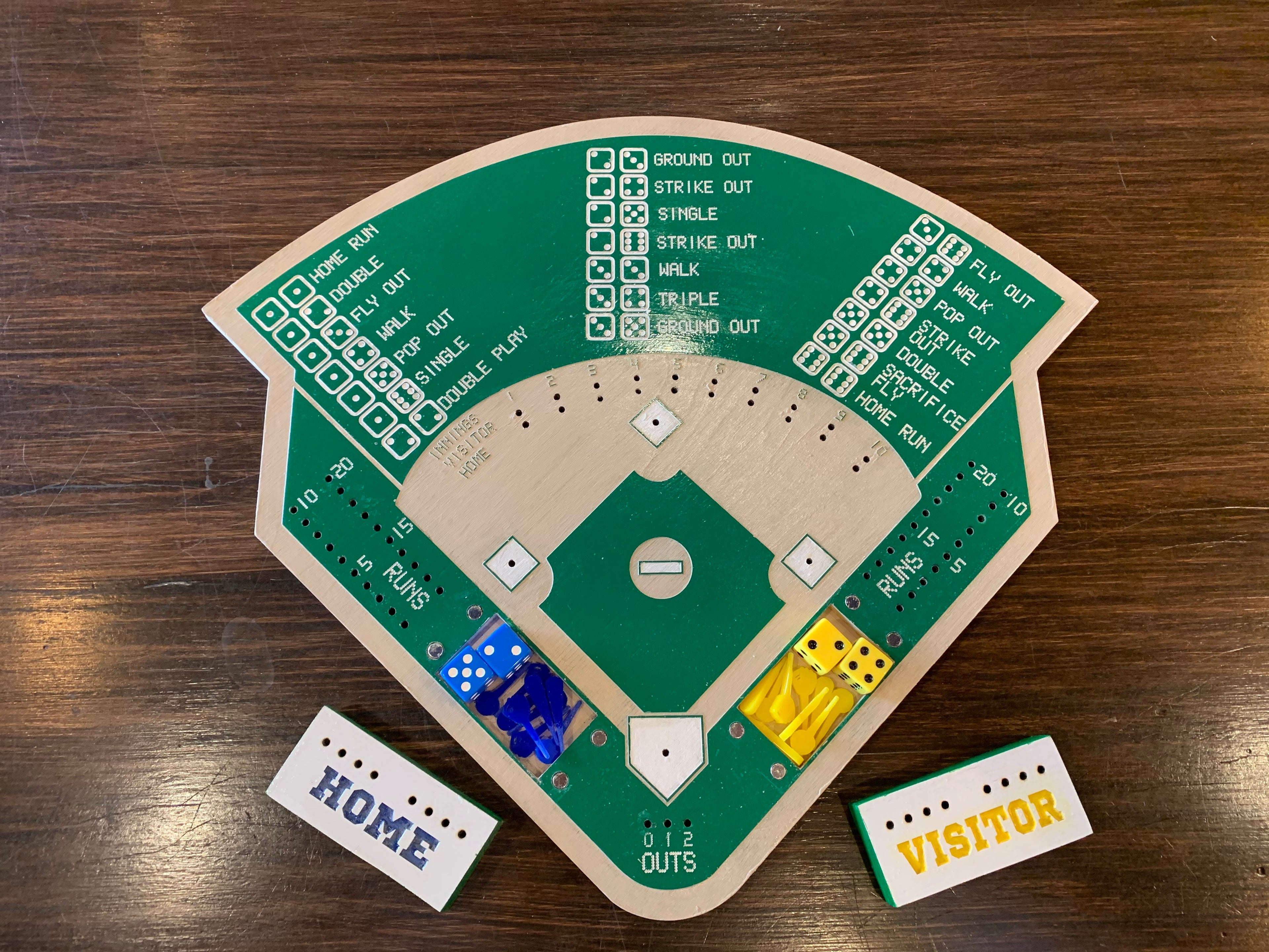 Baseball-themed game board with dice and markers on a wooden surface
