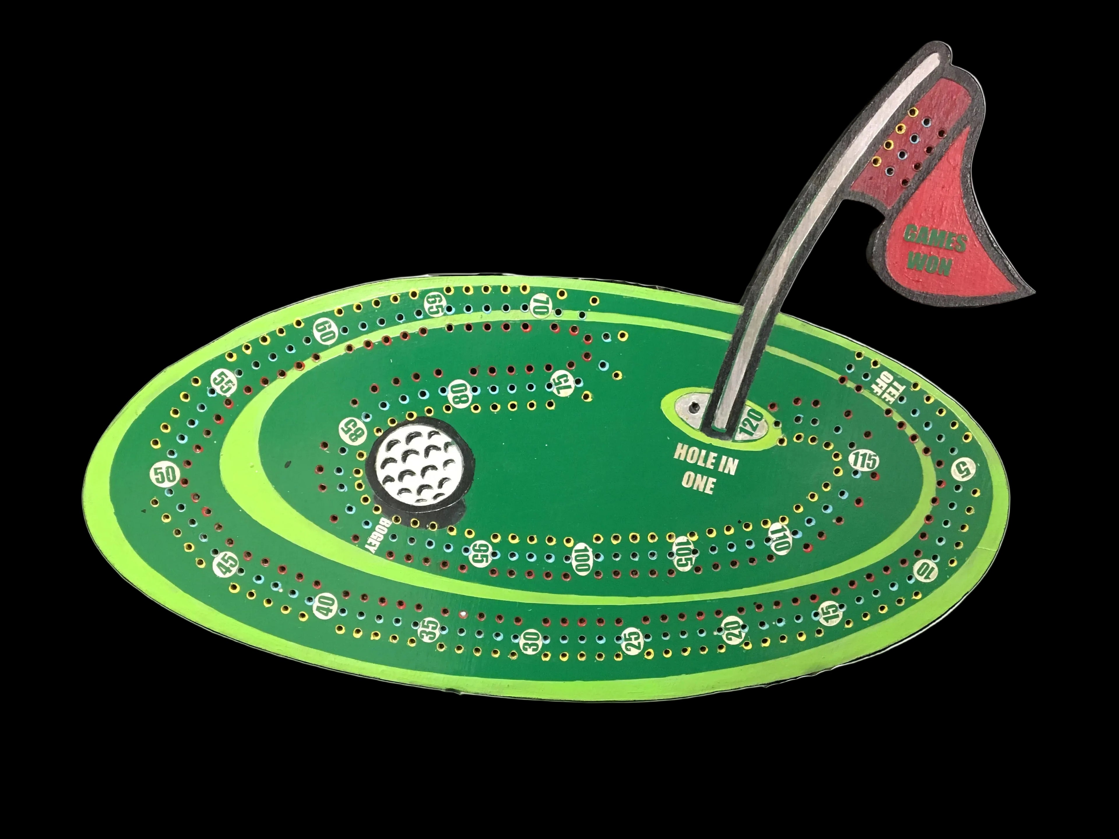 Golf themed cribbage board with acrylic pegs.