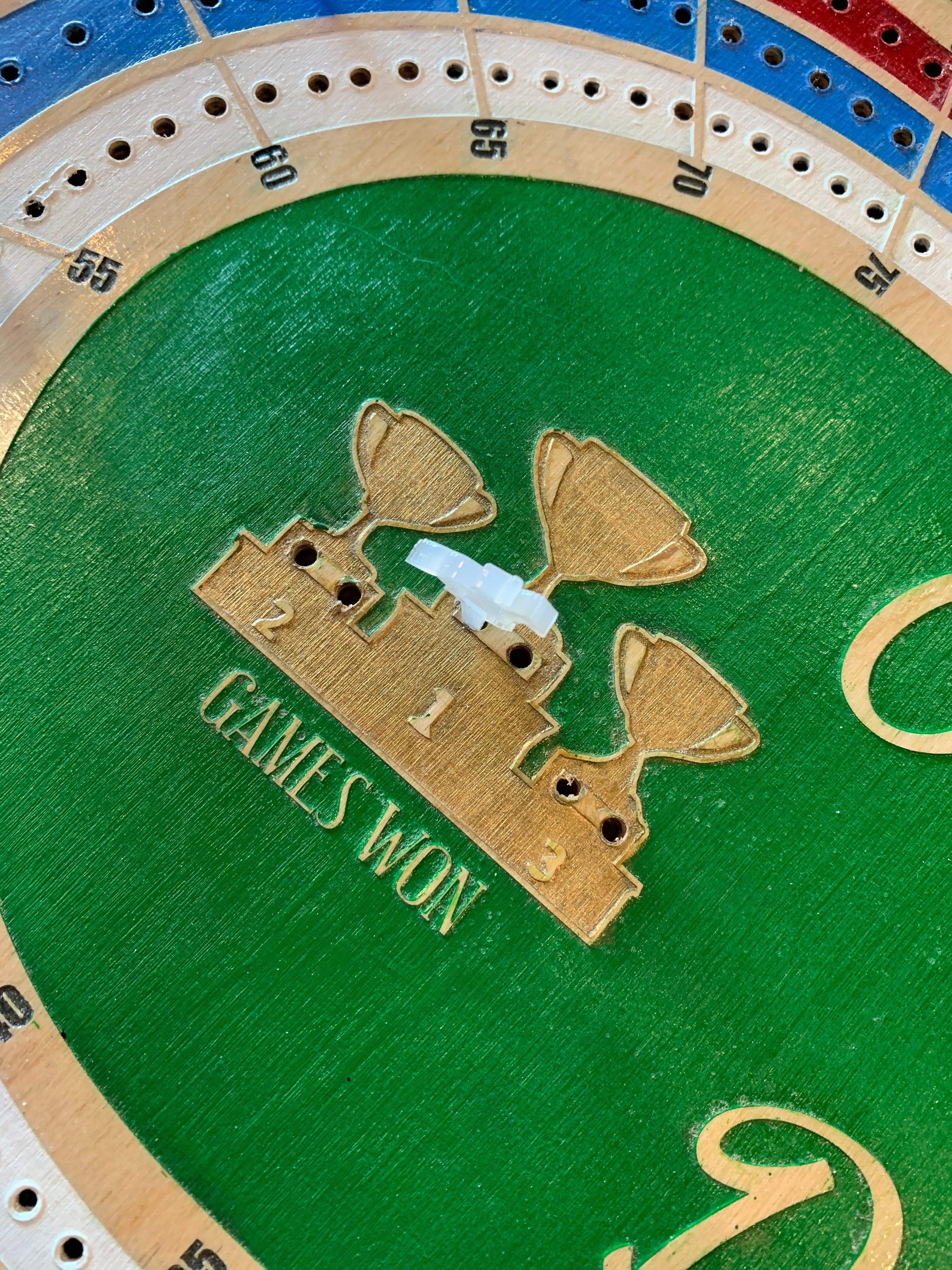 Close-up of a cribbage board with 'Games Won' counter