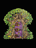 Fantasy door in a tree with purple door and greenery on a cribbage board
