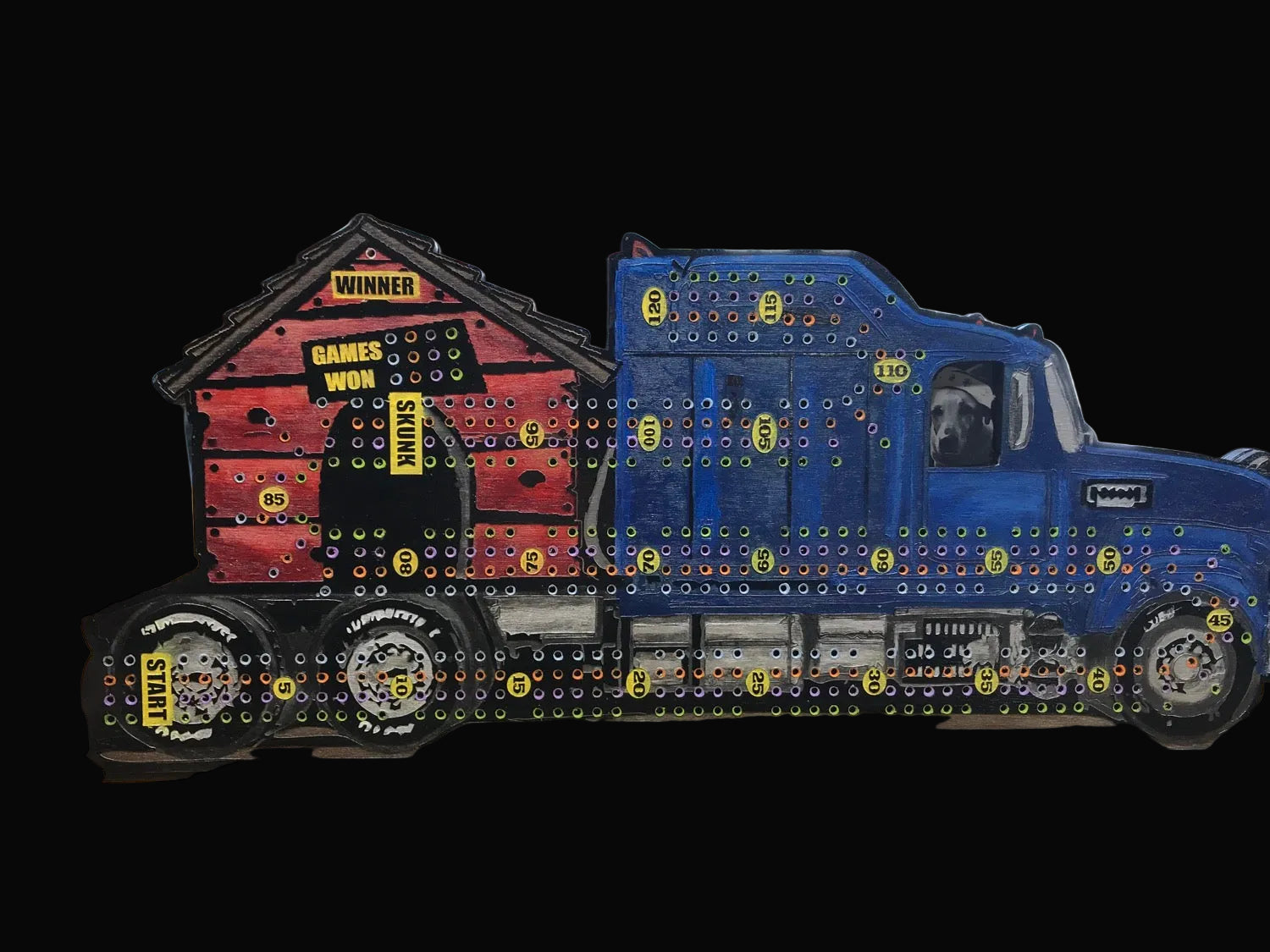 Cribbage board of a blue truck with a dog inside and dog house on the back.