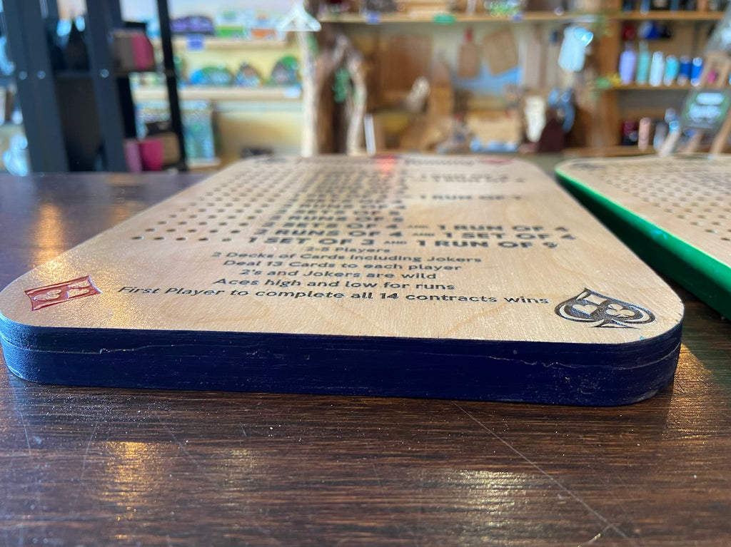 Frustration Rummy game board with rules and scoring system.