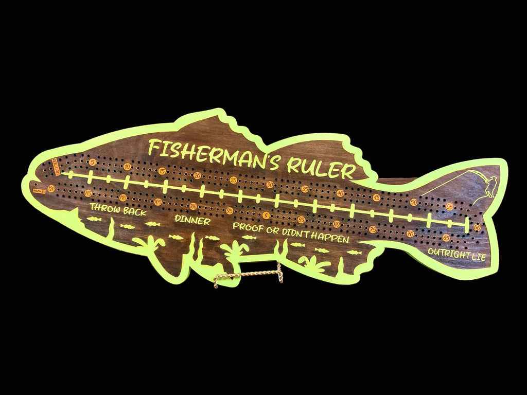 Fish-shaped cribbage board game with funny fishing text.