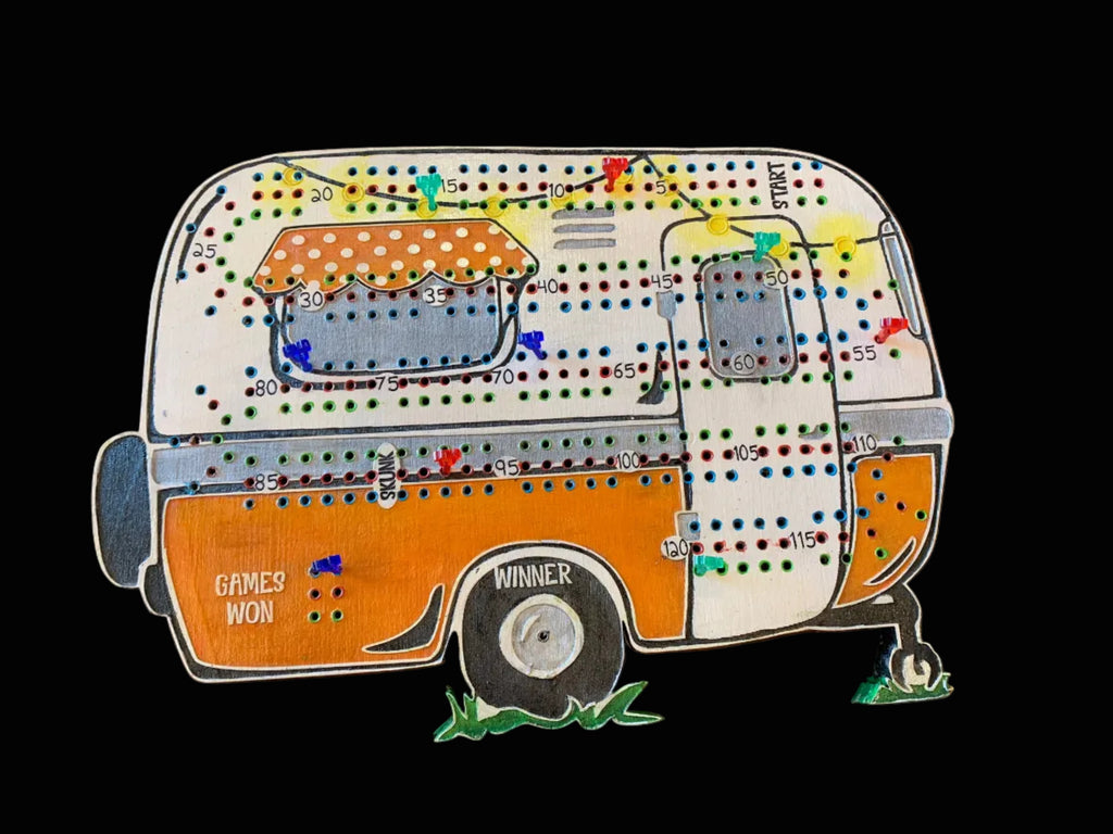 Cribbage board designed like a retro bowler camper.