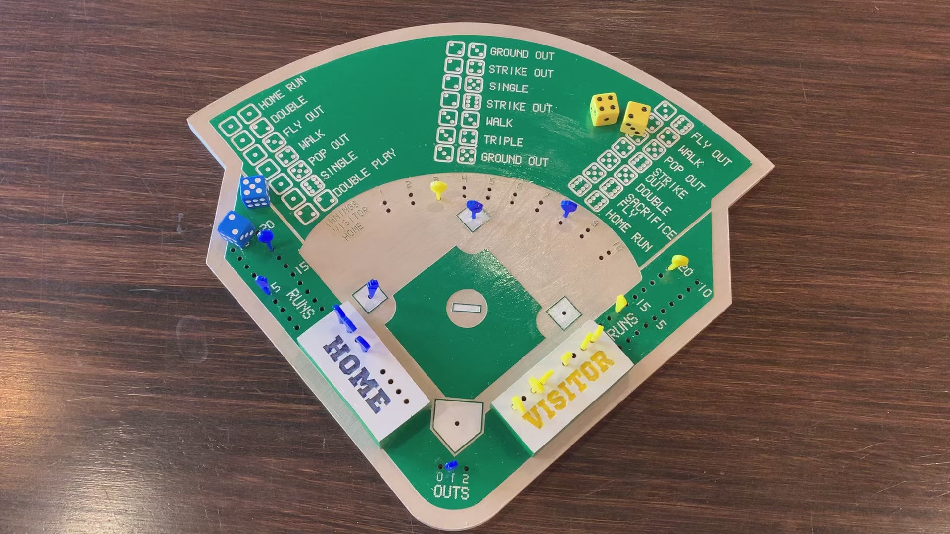 Baseball-themed game board with dice and markers on a wooden surface